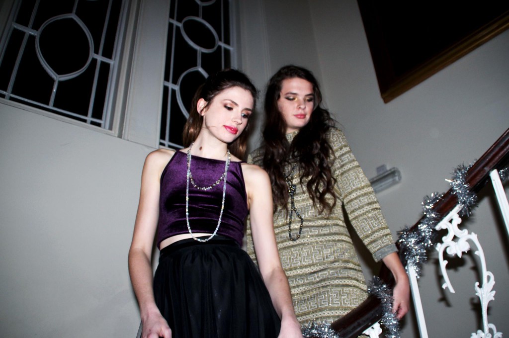 Emma in 1950's petticoat £35, sparkly long beads £18, and 1950's paste necklace £18. Clara in "Midas key" 60's shift dress £30, and faux gold & black pearls £15.