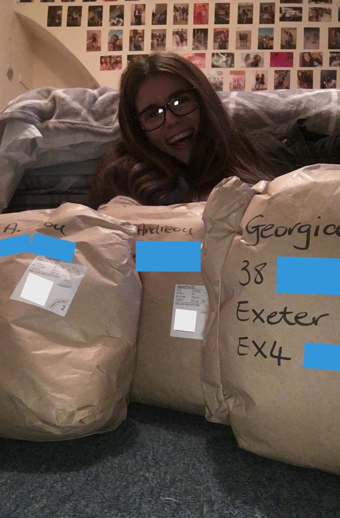 Image may contain: Carton, Cardboard, Box, Diaper, Human, Person, Glasses, Accessories, Accessory