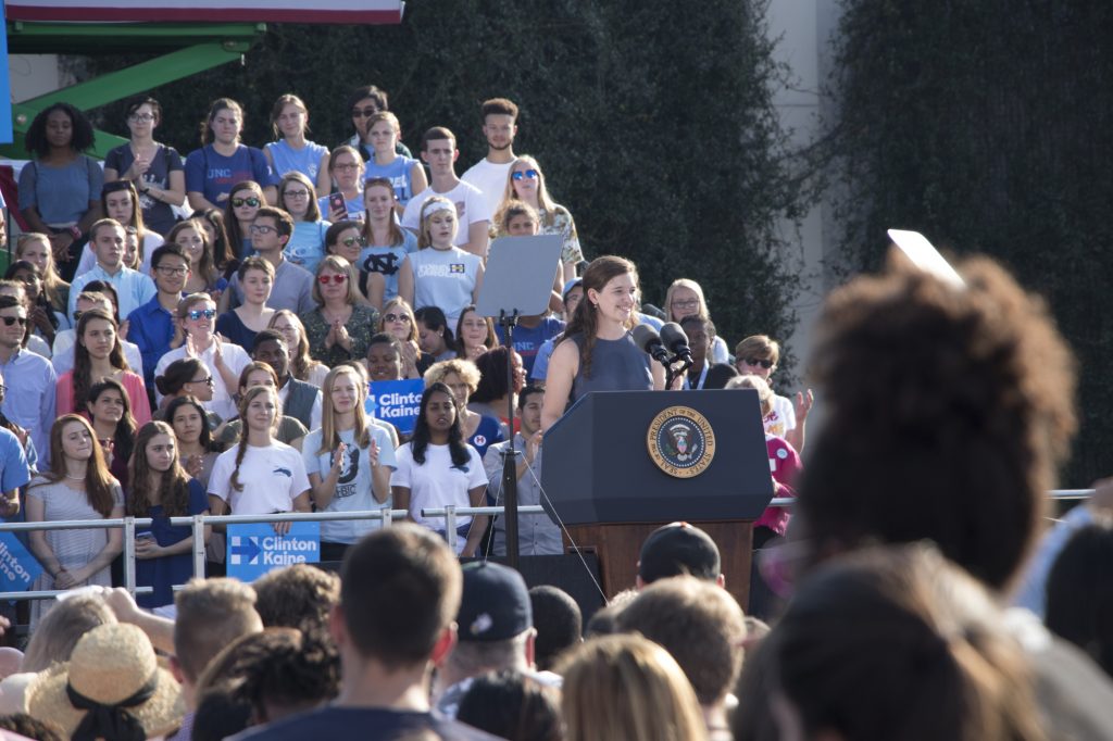 Isabel Trumbull speaking before President Obama. Photo: Brenna Elmore / The Tab