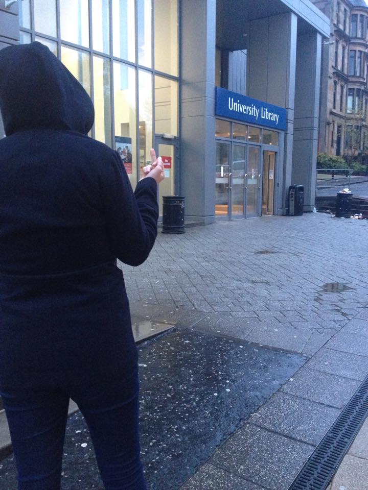 The criminal returns to Glasgow University library for the first time since the event.