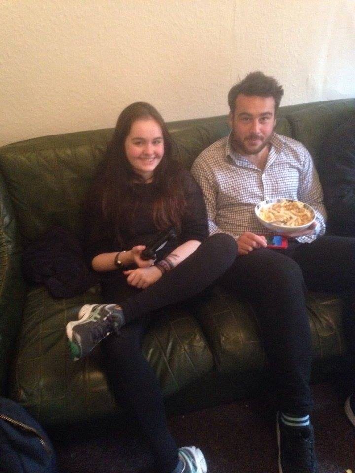 Happy chickens with their yummy pasta.