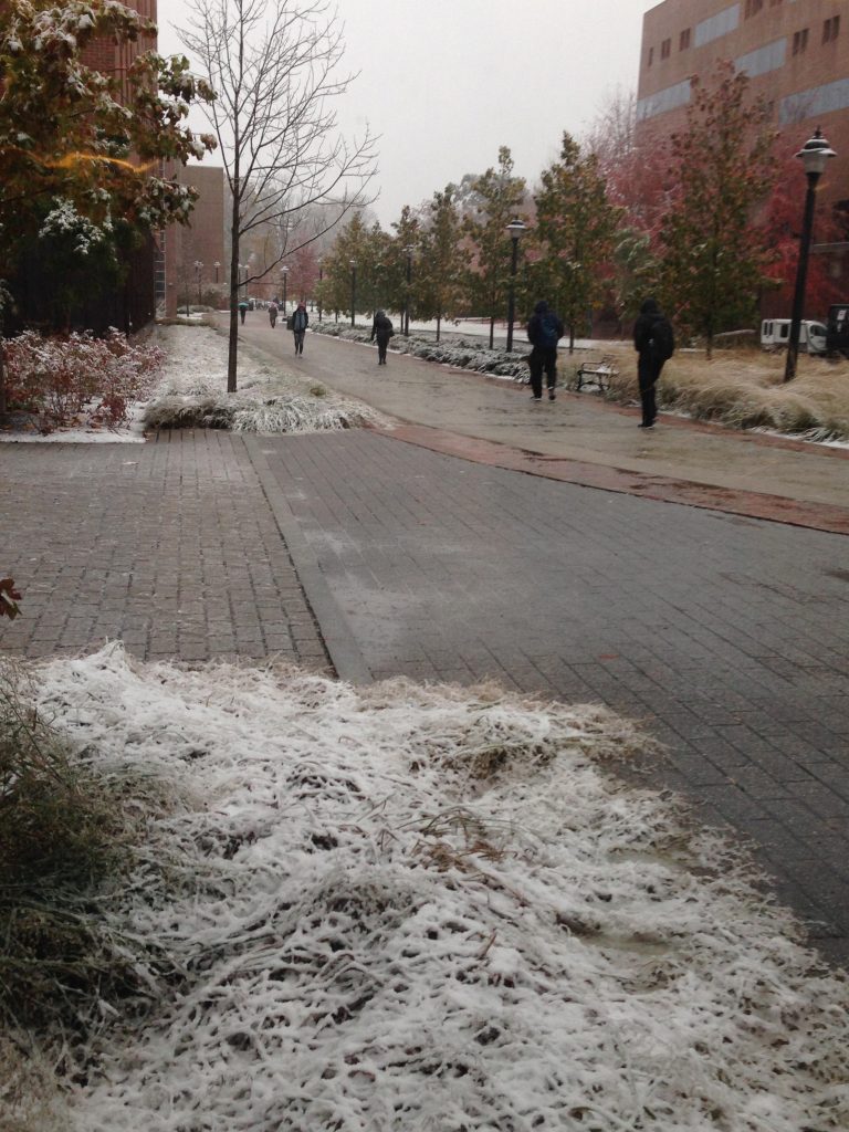 Some sad students walking to class in the snow. Photo credit: Sydney Jennings