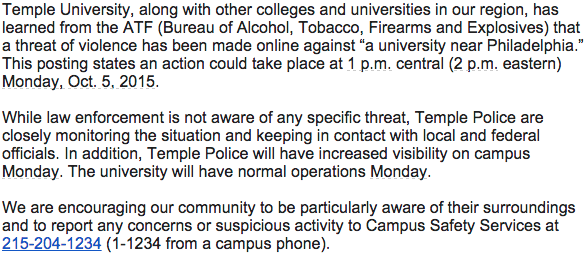 The e-mail sent out by Temple Police.