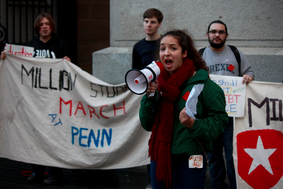 A student leads Drexel and UPenn's protest at City Hall before Temple protesters arrive.
