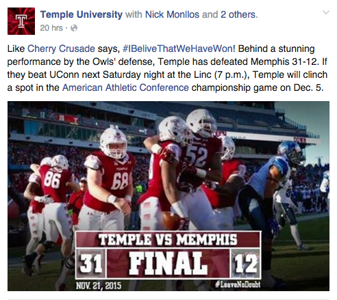 Temple beat Memphis 31-12 on Saturday, Nov. 21.