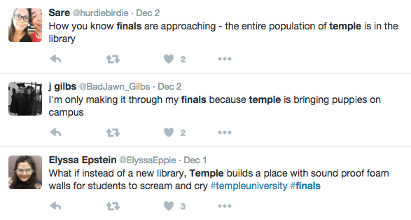 Students tweets about their struggles leading up to finals week.
