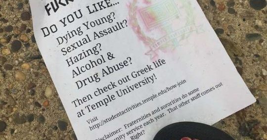 anti greek life flyers have appeared on temples campus greek life flyer