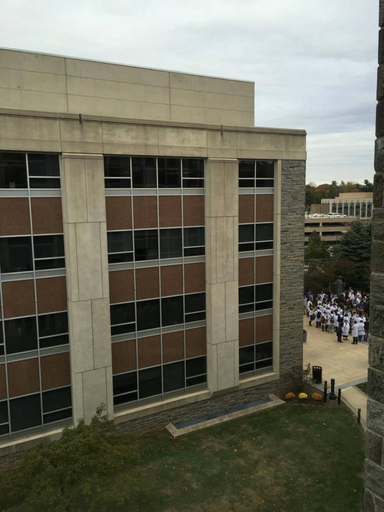 The evacuation as seen from the library