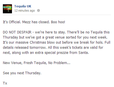 The status posted on the Tequila Facebook page