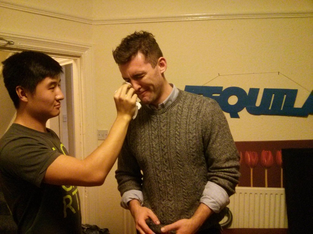 Dave emotionally wipes Alex's tears