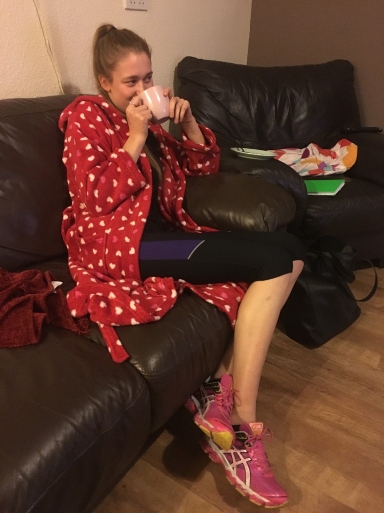Dressing gown, gym kit and a mug of hot chocolate... An interesting combination but definitely one which screams out "I am NOT going to the gym". You still burn calories whilst watching TV... right?