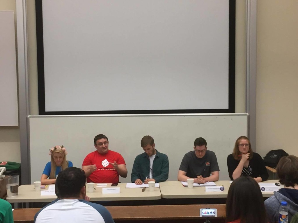 Left to right: Emily Webb and Tom Howell from Vote Leave. Jack Palmer : debate chair. Luke Downham and Jess Reed from Britain Stronger in Europe