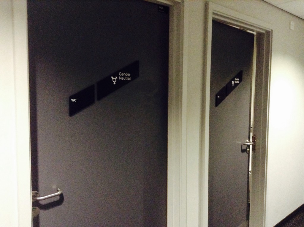 The 2 gender neutral toilets standing proud