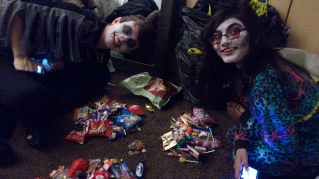 We pretended our friend was a kid that we were babysitting and went trick or treating, no shame