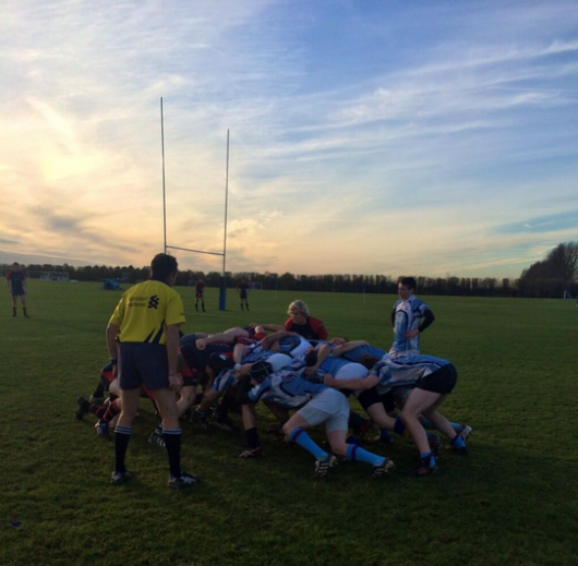The 2s compete in a defensive scrum in their 36-5 win over Imperial. (Photo from @UCLUMensRugby)