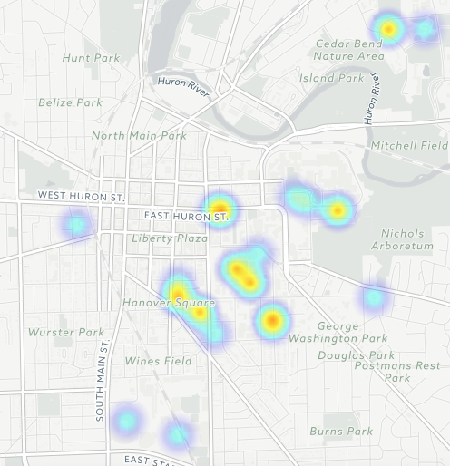 The full heat map of all sexual assault reports at UMich