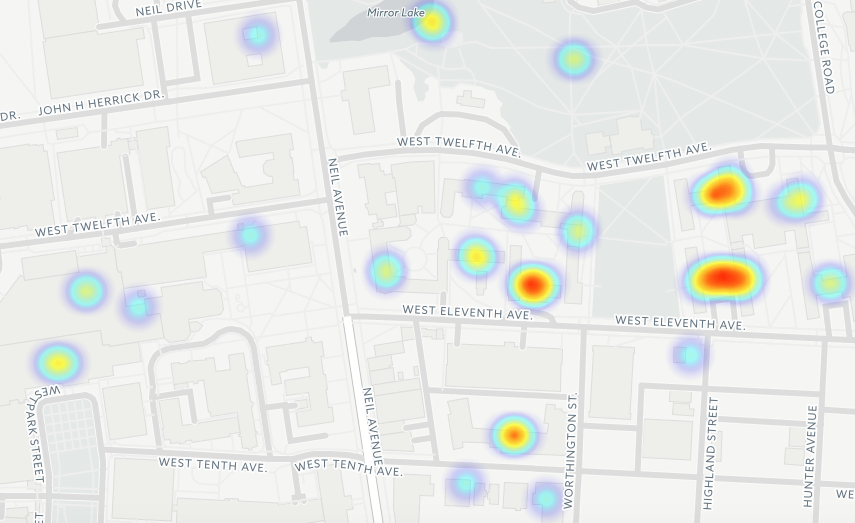 A heat map focusing on clusters of sexual assault reports at OSU