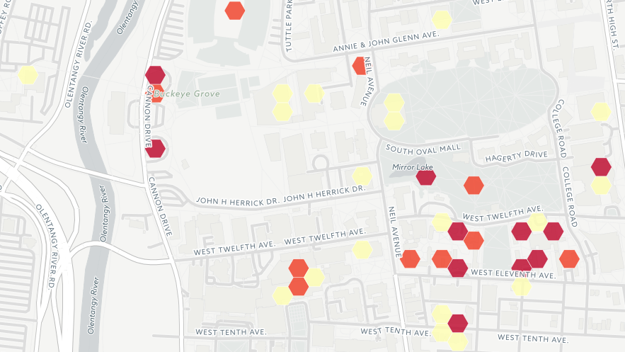 A density map showing clusters of sexual assault reports at OSU