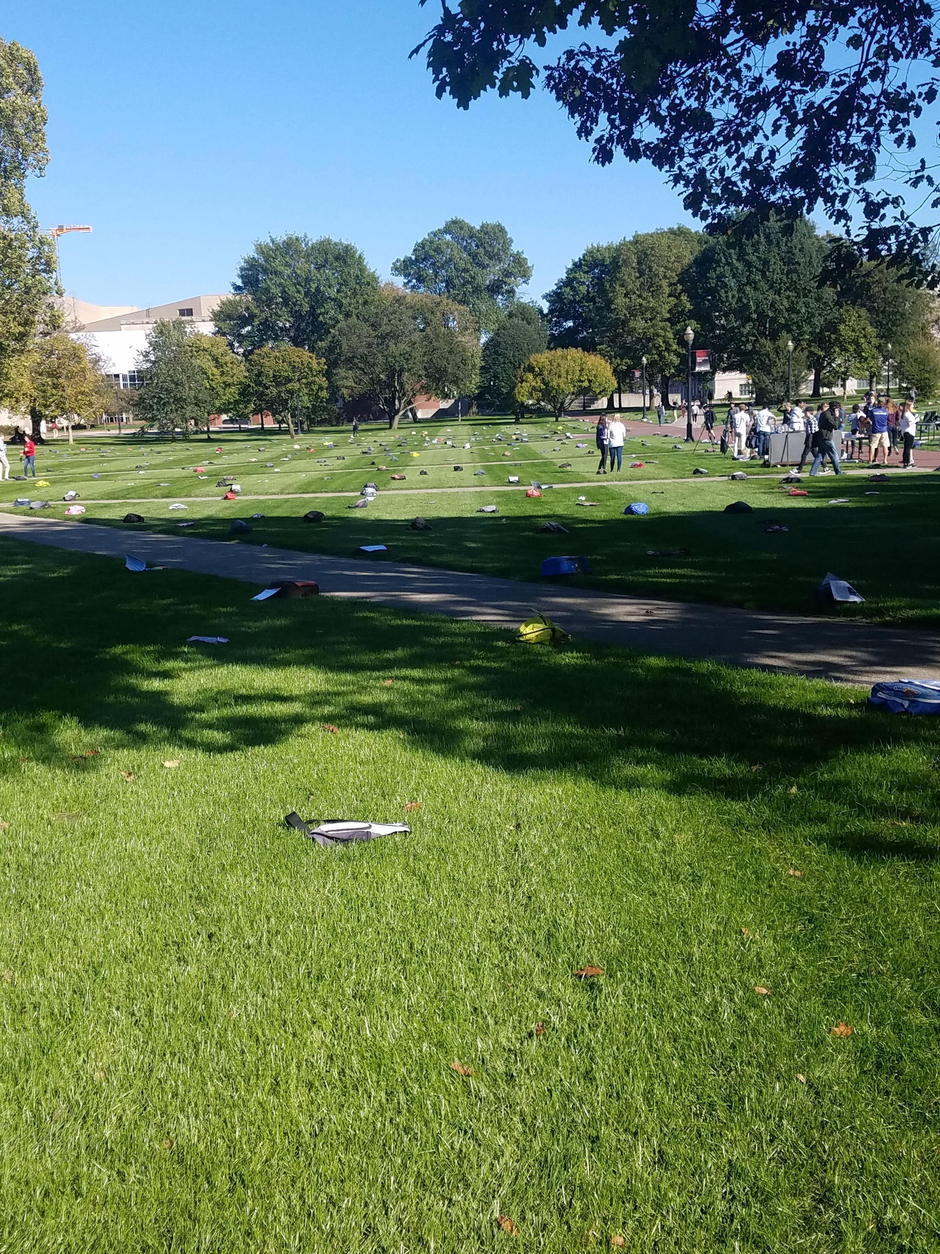 1,100 backpacks laid out across the north side of the Oval