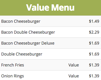 Burger King's value menu prices