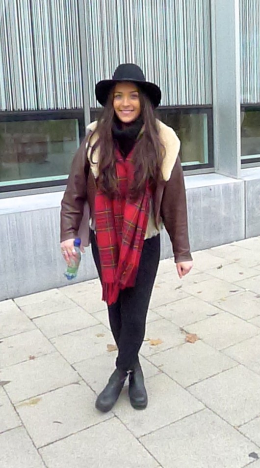 Robyn, 3rd year, English Literature. Robyn doesn’t know how she feels about trends, but we love her scarf!