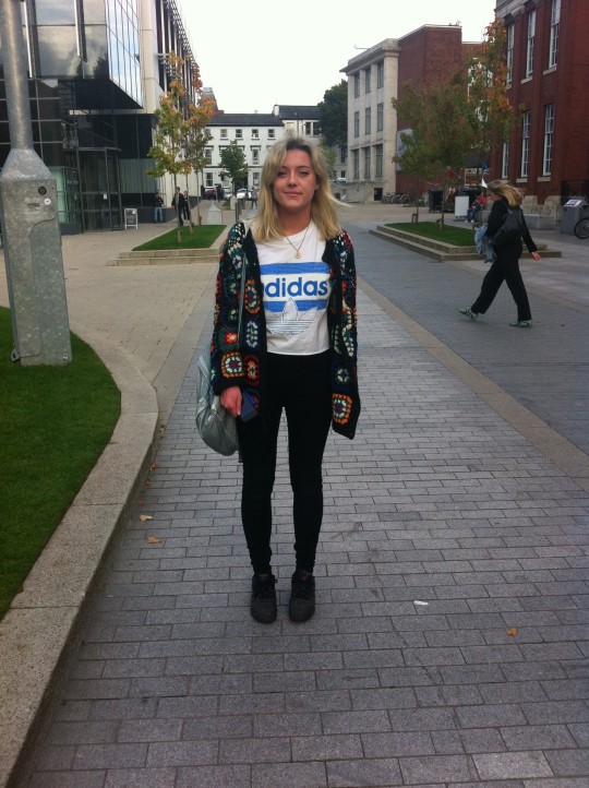Ellie, First Year, Anthropology. Ellie’s crochet cardigan is great for brightening up a dreary day and an ideal alternative to a coat.