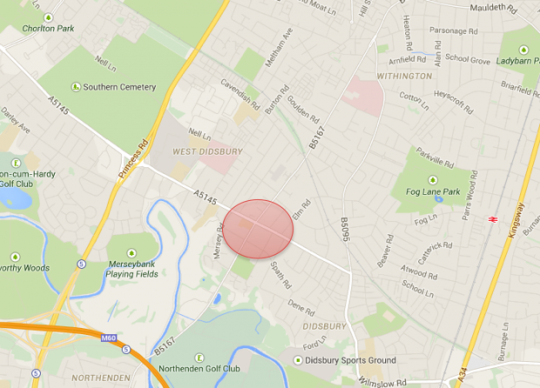 The busy junction between Barlow Moor Road and Palatine Road, near where the picture was taken.