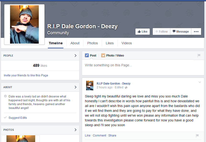 The Facebook page set up as tribute for Dale Deezy.