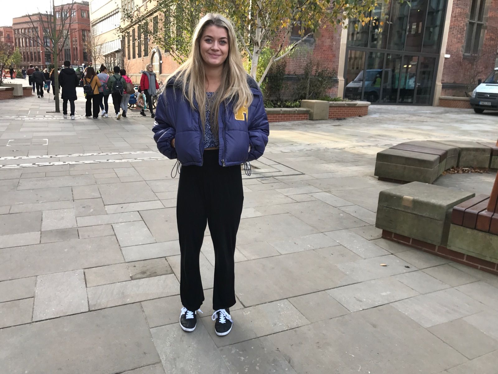 Image may contain: Walkway, Sidewalk, Pavement, Path, Boardwalk, Woman, Female, Blonde, Bench, Person, People, Human