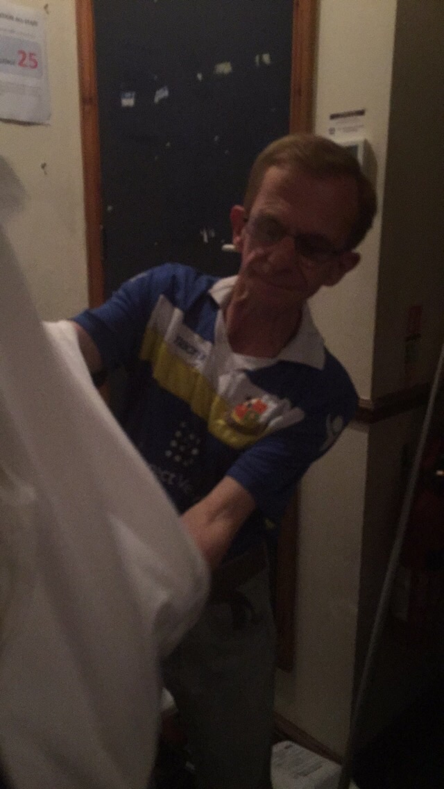 Putting his Tab t-shirt on with pride