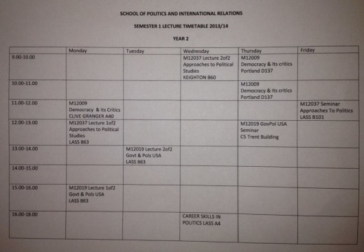 An average politics student timetable - more holes than an edgy kids jeans