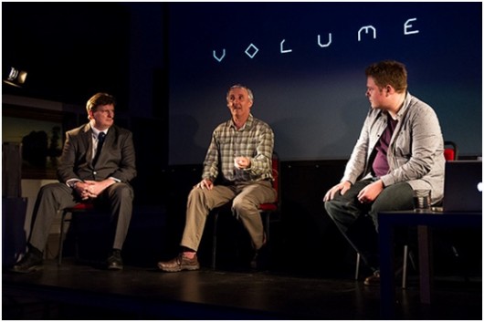 Mike Bithell (right) and his new game Volume. Those other dudes aren’t dudes at all, they’re in-game characters