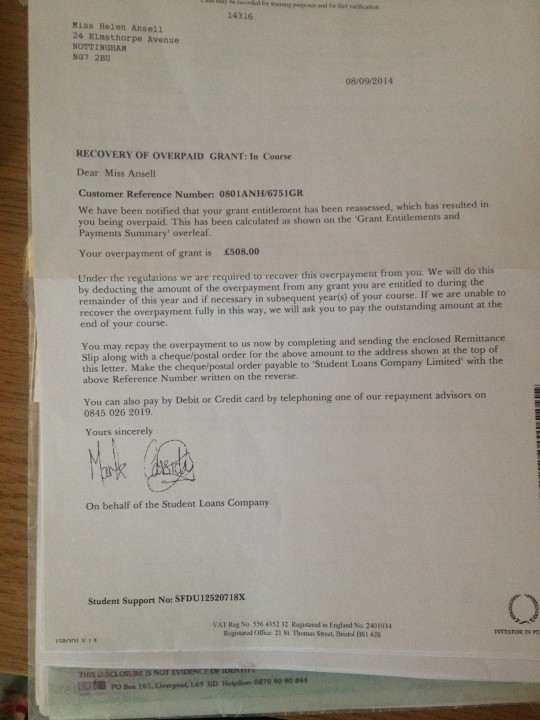 The letter from student finance