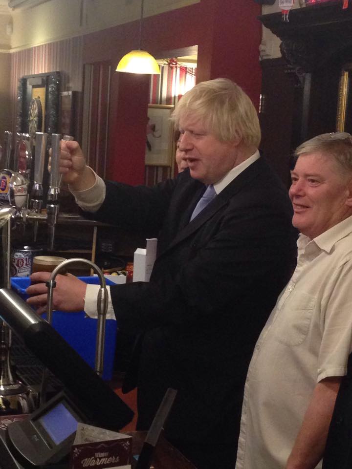 Boris pulling out his best farage impression in a pub in Notts