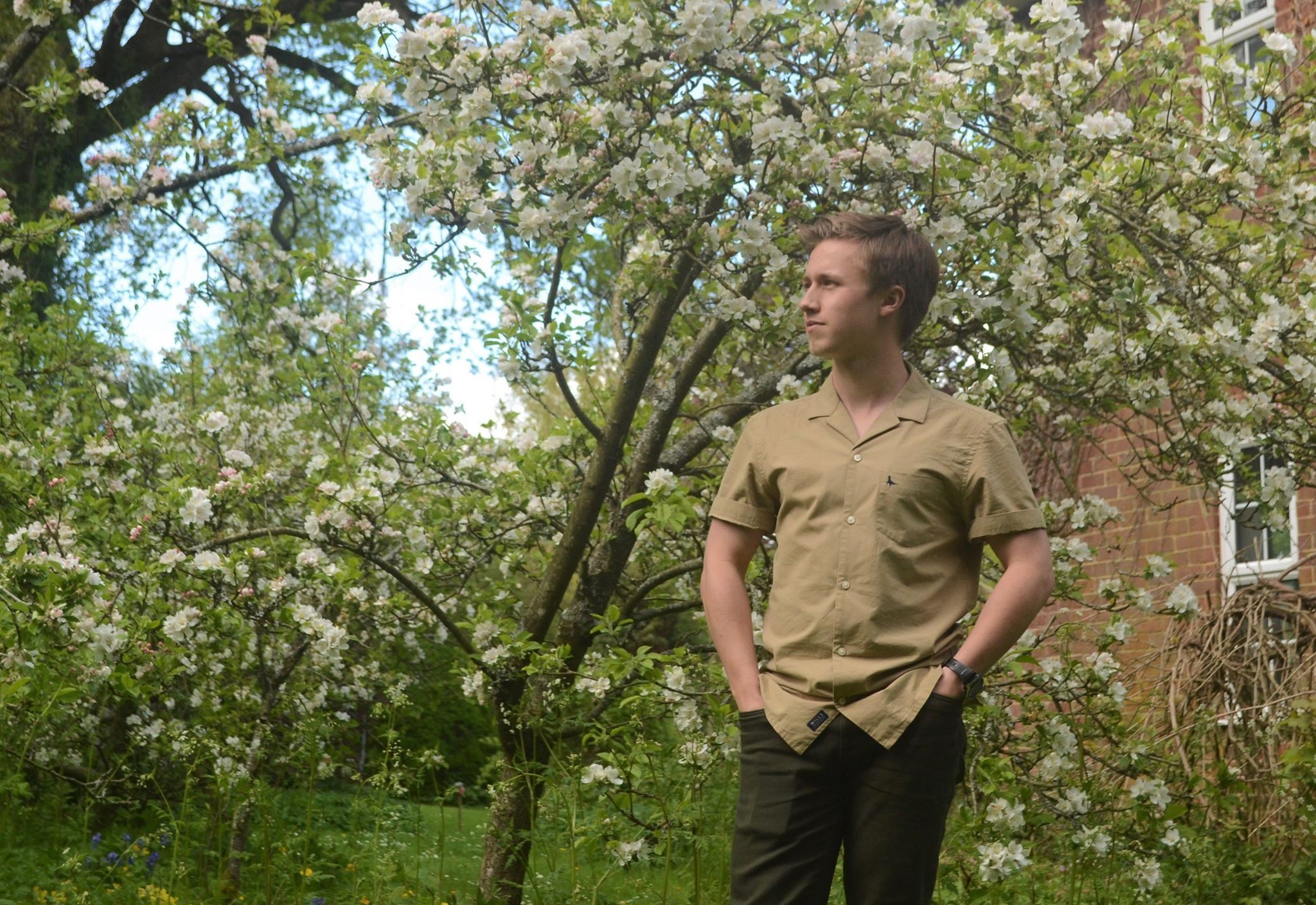 Image may contain: Blossom, Flower, Pants, Outdoors, Sleeve, Vegetation, Apparel, Clothing, Tree, Plant, Human, Person