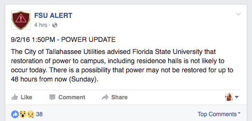 FSU's campus will likely be without power until Sunday