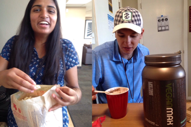 Students Asha Karthik and Ian baker enjoy their after-school snacks.