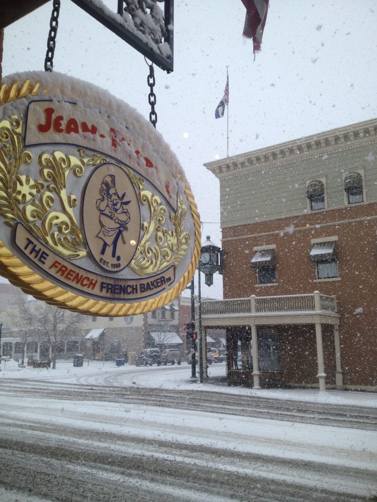 Winter invades downtown, including a local French bakery. February 2013.