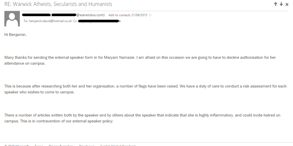 The email, allegedly from the SU, denying the application for Namazie to speak