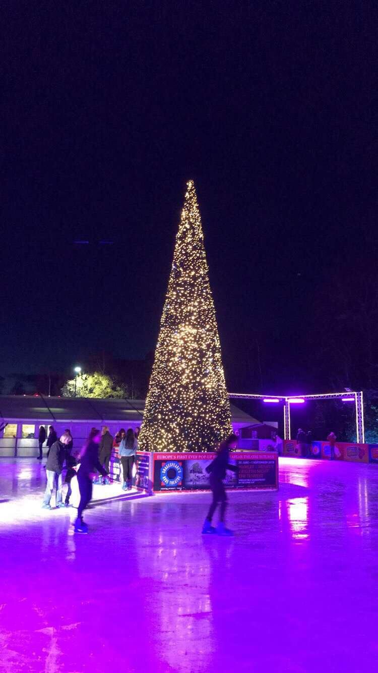 Image may contain: Lighting, Christmas Tree, Ornament, Rink, Ice Skating, Skating, Sports, Sport, Tree, Plant, Human, Person