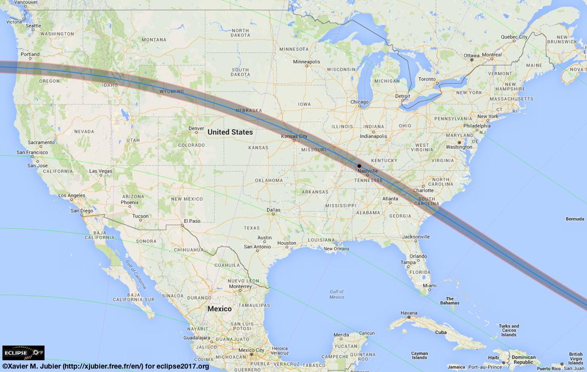 The blue line represents the path of totality. The shaded area around it represents partial obscuration.