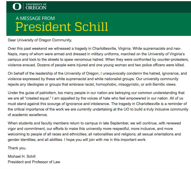 President Schill's message was sent Monday morning 