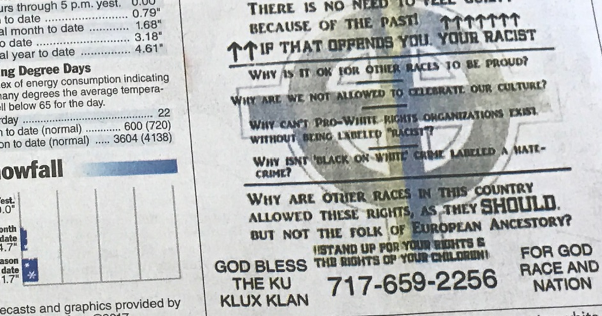 pennsylvania newspaper prints white pride flyers that say god bless kkk flyers in oregon