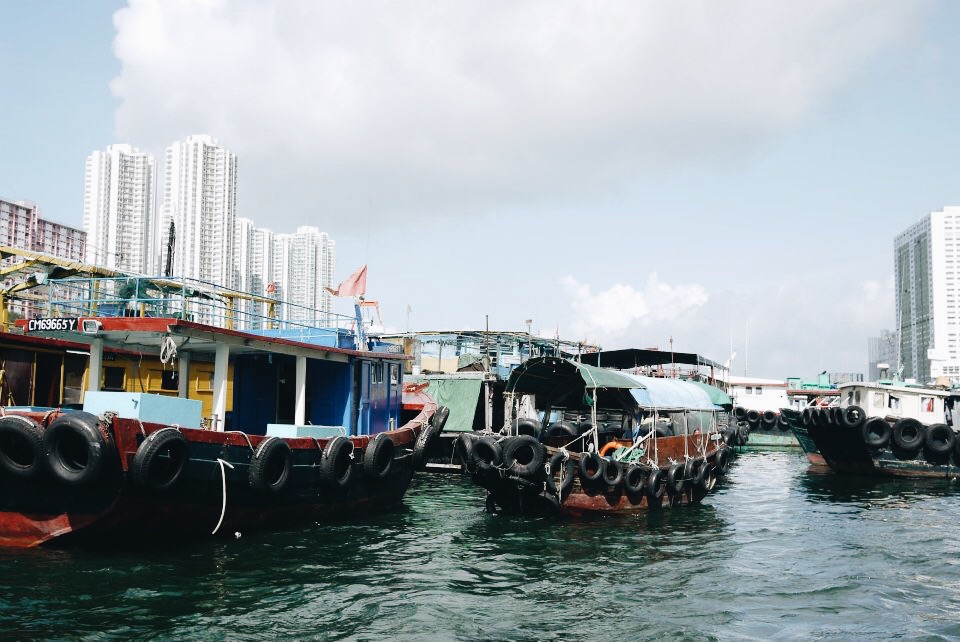 The "sampan" boats that people take to commute between the Aberdeen harbor in Hong Kong.