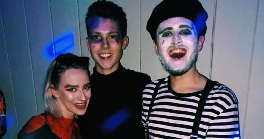 Image may contain: Head, People, Clothing, Apparel, Sunglasses, Accessories, Accessory, Portrait, Photography, Photo, Mime, Clown, Performer, Person, Human, Face