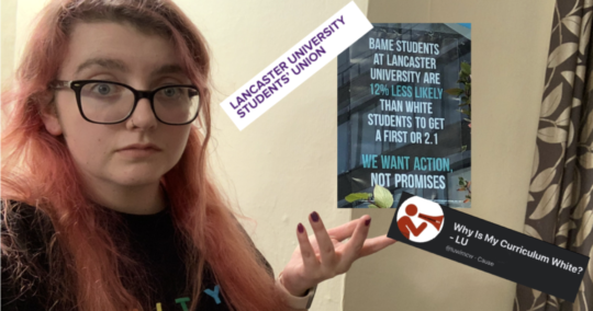 Lara is standing on the left with her hand raised, gesturing at the photo of the poster from the LUSU window, the logo of LUSU and the logo of WICMW?.