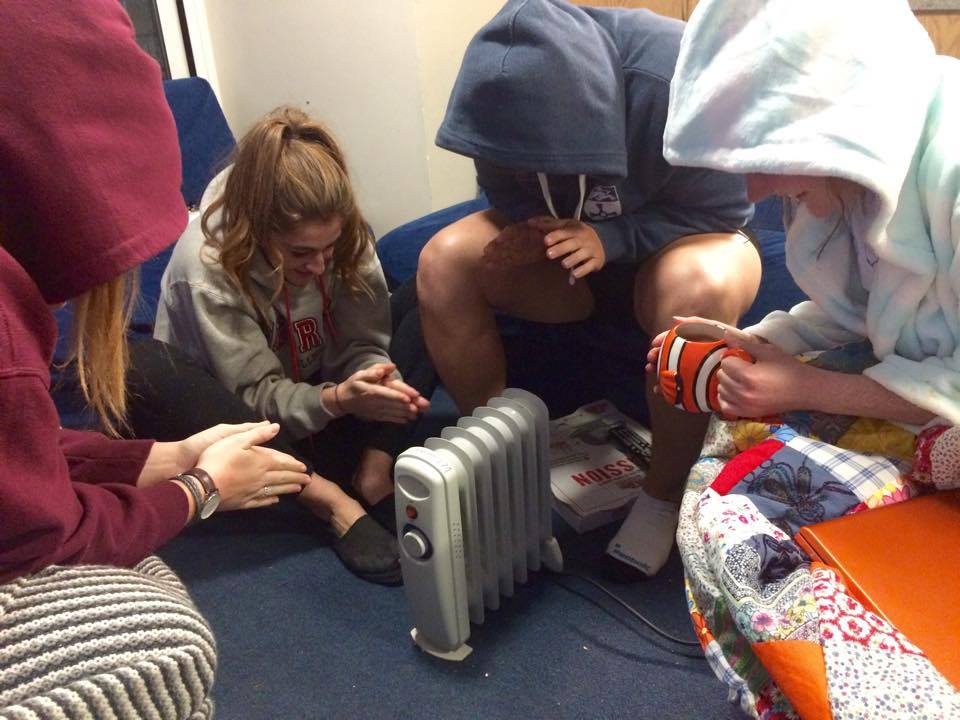 Huddling for warmth, Rachel, Tass, Ed, and Chloe.