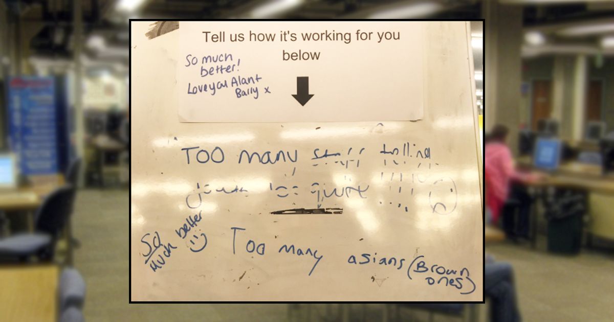 ‘Too many Asians’ and ‘brown ones’ written on Hallam library whiteboard