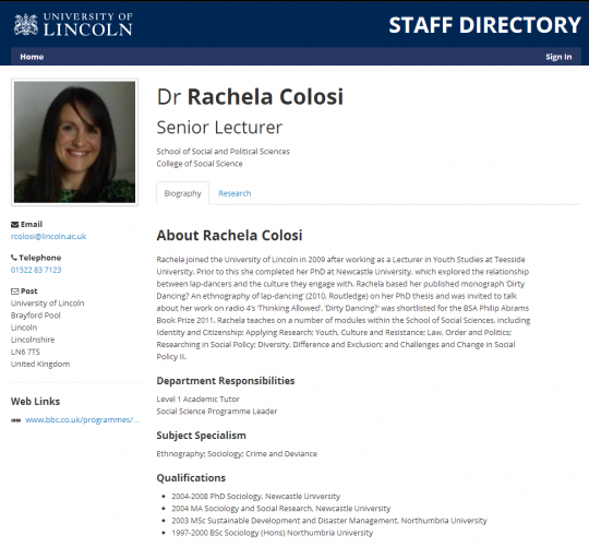 Her staff profile on the Lincoln Uni website