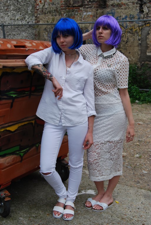 Helena wears : as before. Katya wears shirt: Topshop. Pencil Skirt: H&M. Sandals: Primark.
